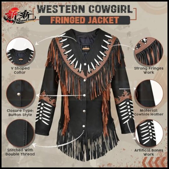 Genuine Cowhide Leather Jacket with Beaded Fringe Tassels - Picture 3 of 7